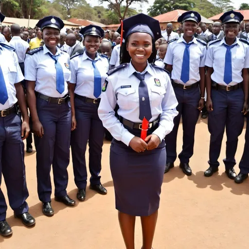 Prompt: caroline kangongo graduating from kiganjo kenya police collage. happy all smiles with colleges with police uniform


