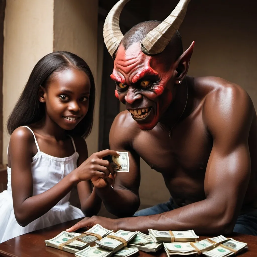 Prompt: a demon enticing a young african girl  with money. the demon 
