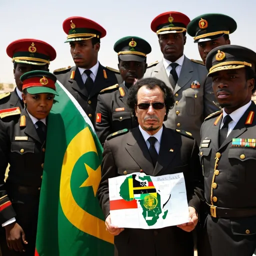 Prompt: Muammar Gaddafi in military uniform shinning , HOLDING AFRICAS MAP, african union flag behind him, He is surrounded by female bodyguards all in wearing hijab and military gear. the bodyguards should be FEMALE ARABS AND BLACKS.