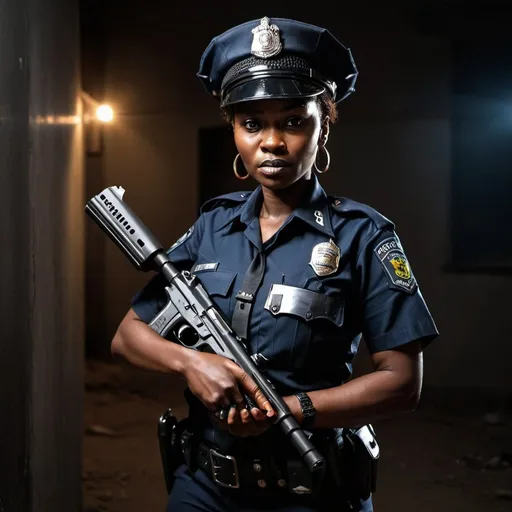 Prompt: an african lady cop killer in police uniform holding a gun in a dark spot
