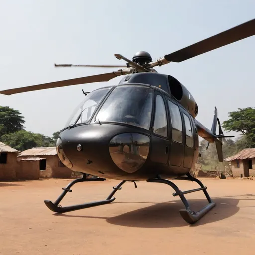 Prompt: create a YouTube thumbnail for African homes-made helicopters, make it unique, attractive, exiting, and a mavel. should be able to see the whole helicopter, a group of Africans in the village looking excited, and children playing. the helicopter should not be 100% fine; it should look hand-made, and the exterior body of the helicopter should not be smooth 