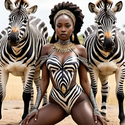 Prompt: create a stunning picture cool  a beautiful lady  dreased like a african queen wakanda but has zebras legs