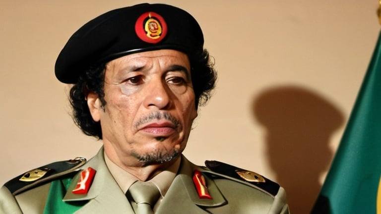 Prompt: Muammar Gaddafi in military uniform , HOLDING AFRICAS MAP, african union flag behind him, 