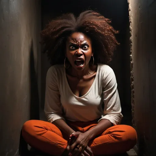 Prompt: an african beautiful brown lady having demonic Spiritual Attacks sitting in a dark corner, scared