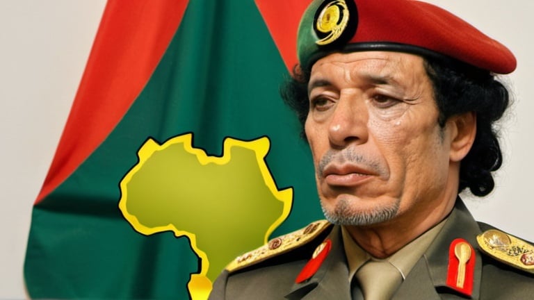 Prompt: Muammar Gaddafi in military uniform , HOLDING AFRICAS MAP, african union flag behind him, 