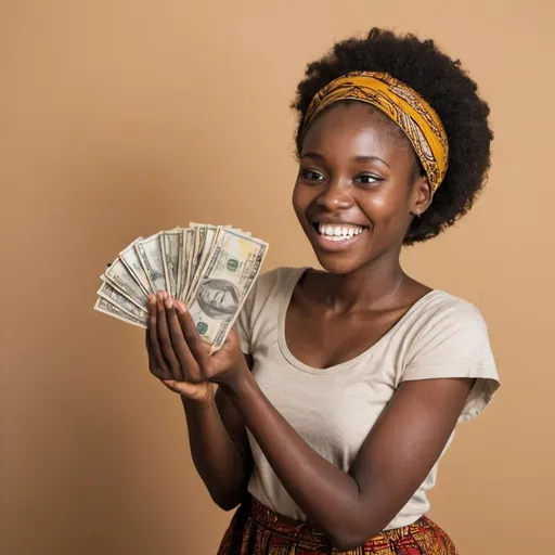 Prompt: a young, happy, innocent African woman receiving money . she is facing sideways