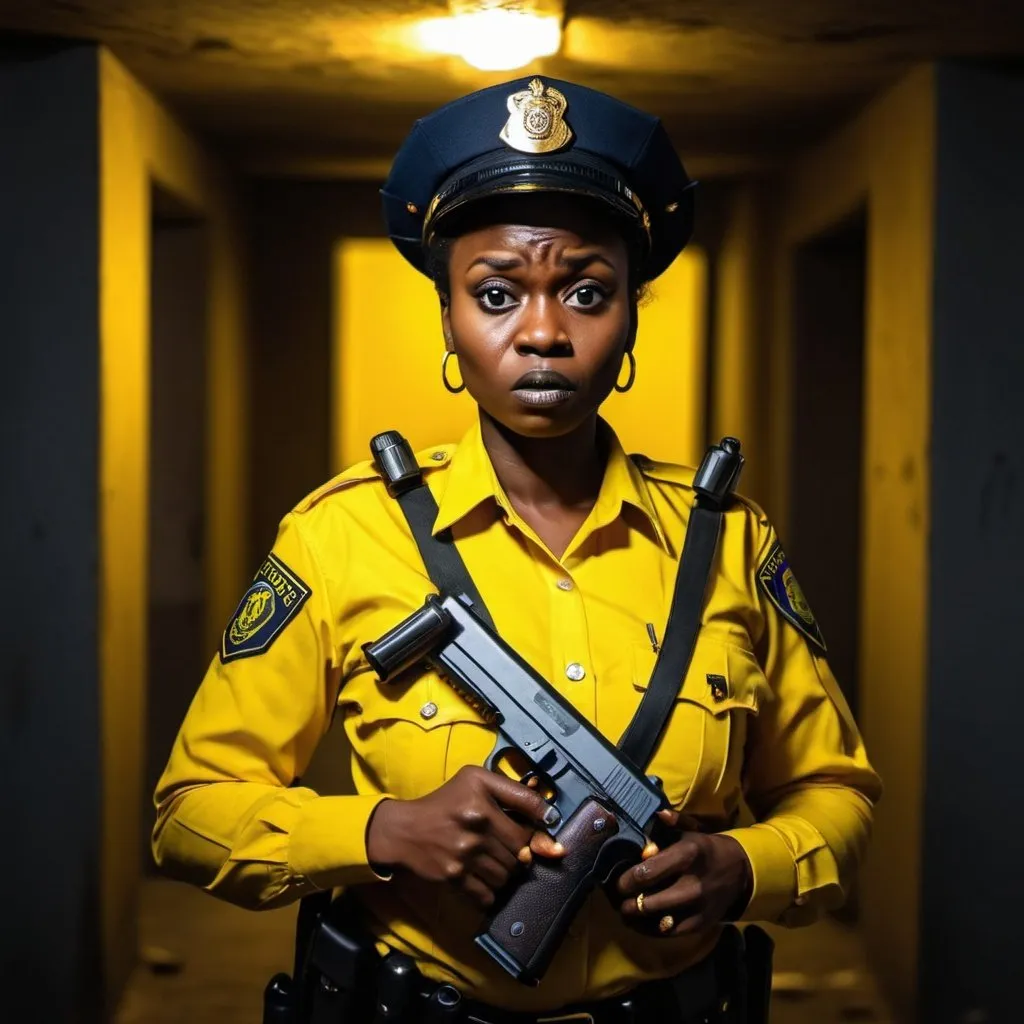 Prompt: an african lady cop killer in police uniform holding a gun in a dark spot wearing a yellow huddy looking scared
