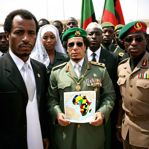 Prompt: Muammar Gaddafi in military uniform shinning , HOLDING AFRICAS MAP, african union flag behind him, He is surrounded by female bodyguards all in wearing hijab and military gear. the bodyguards should be FEMALE ARABS AND BLACKS.