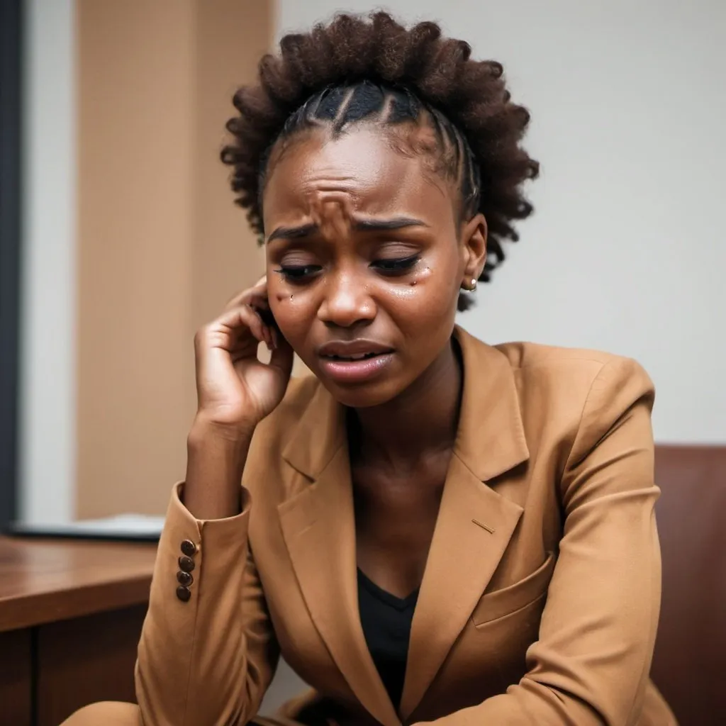 Prompt: a beautiful young modern African brown lady, sideways, crying, nicely dressed, sitting down, narrating. with tears
