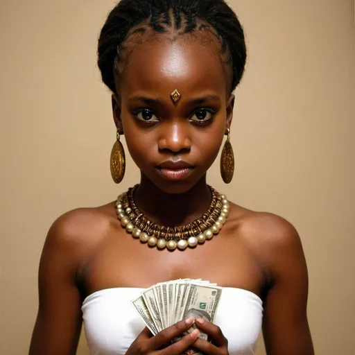 Prompt: from a demon enticing a young african girl  with money. the demon 