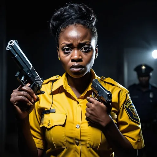 Prompt: an african lady cop killer in police uniform holding a gun in a dark spot wearing a yellow huddy looking scared
