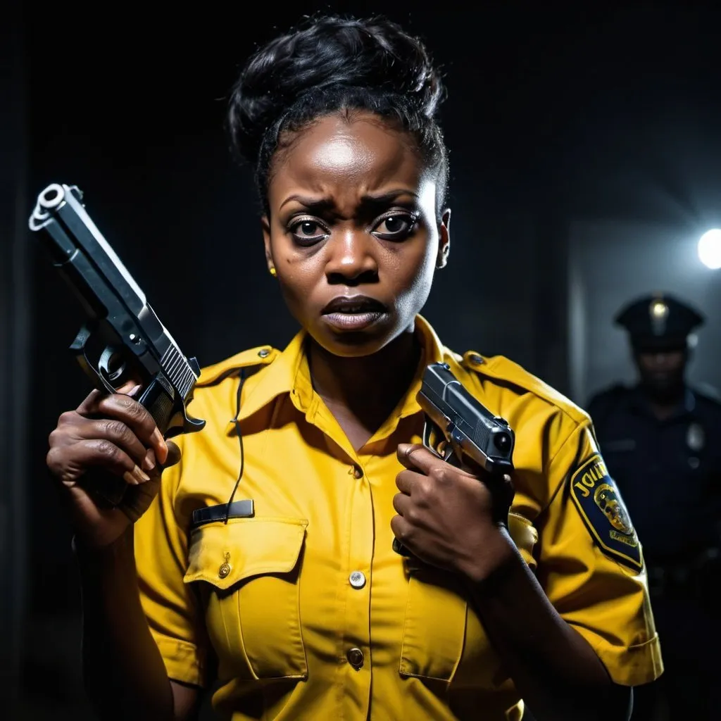 an african lady cop killer in police uniform holding...