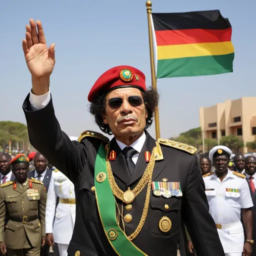 Prompt: Title: "Legacy of Unity"

Description: In a grand military parade, an imposing figure reminiscent of Muammar Gaddafi stands tall, adorned in a dignified military uniform. His gaze is resolute, reflecting determination and vision. With one hand, he firmly holds aloft the map of Africa, symbolizing a commitment to the continent's unity and sovereignty. Behind him, the African Union flag billows proudly, a testament to collective strength and solidarity. The atmosphere is charged with a sense of pride, resilience, and hope for a united Africa. The scene is set against a backdrop of vibrant colors and spirited cheers, echoing the spirit of solidarity and progress.
