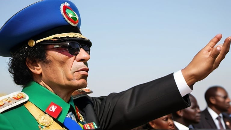 Prompt: Title: "Legacy of Unity"

Description: In a grand military parade, an imposing figure reminiscent of Muammar Gaddafi stands tall, adorned in a dignified military uniform. His gaze is resolute, reflecting determination and vision. With one hand, he firmly holds aloft the map of Africa, symbolizing a commitment to the continent's unity and sovereignty. Behind him, the African Union flag billows proudly, a testament to collective strength and solidarity. The atmosphere is charged with a sense of pride, resilience, and hope for a united Africa. The scene is set against a backdrop of vibrant colors and spirited cheers, echoing the spirit of solidarity and progress.
