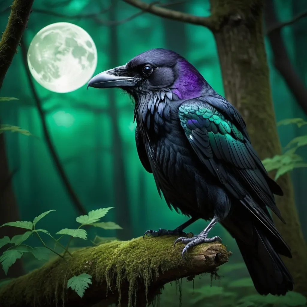 Prompt: (mystical Raven), women aura ethereal, enchanting environment, dark enchanting forest backdrop, moonlit with (sharp, vivid contrast), deep shadows and luminescent highlights, soft, flowing fabrics, symbolic accessories, atmosphere of mystery and grace, spellbinding detail, HD quality, enchanting and surreal ambiance.