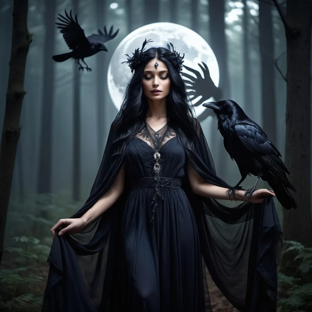 Prompt: (mystical Raven), women aura ethereal, enchanting environment, dark enchanting forest backdrop, moonlit with (sharp, vivid contrast), deep shadows and luminescent highlights, soft, flowing fabrics, symbolic accessories, atmosphere of mystery and grace, spellbinding detail, HD quality, enchanting and surreal ambiance.