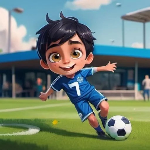 Prompt: Generate an image capturing a vibrant scene of a boy with black hair and bright big eyes in a blue soccer suit with the number 7, immersed in a soccer game on a grassy field. The boy is taking a shot at the goal and has a big smile. In the background is a restaurant with a cake on a table