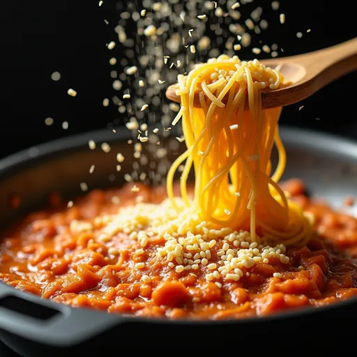 Prompt: Depict cook pasta being added to the sauce with a sprinkle of cheese style cheesy and innovative inviting