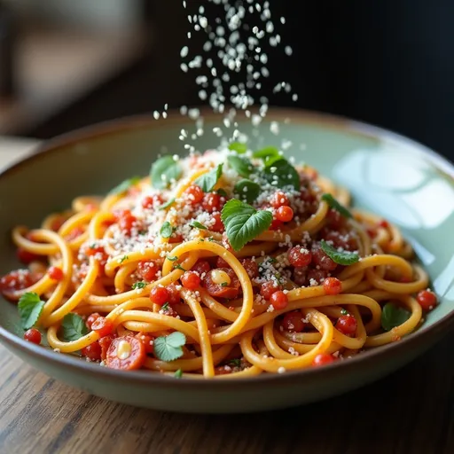 Prompt: Show the finished pasta dish being served the list with fresh hubs and I sprinkle of cheese style appetizing and inviting and innovative show a sauce and vegetable