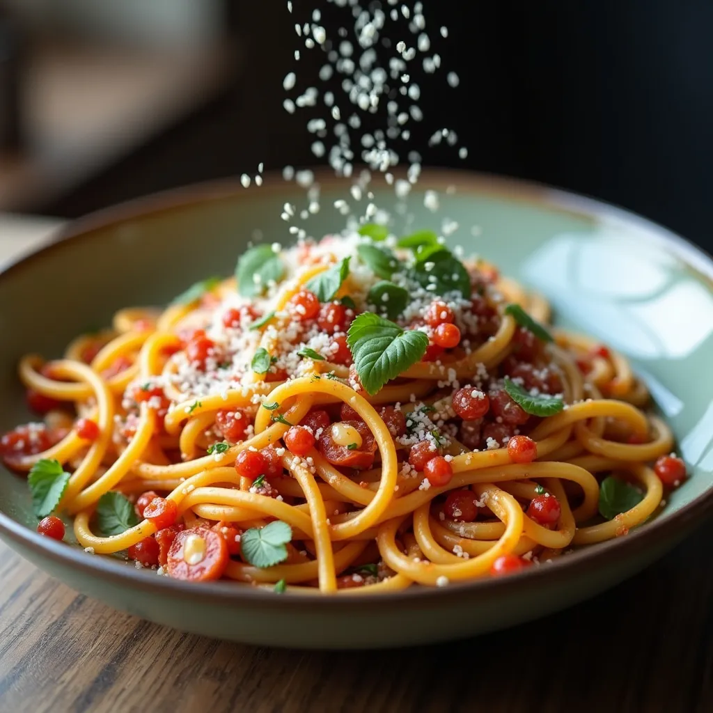 Prompt: Show the finished pasta dish being served the list with fresh hubs and I sprinkle of cheese style appetizing and inviting and innovative show a sauce and vegetable