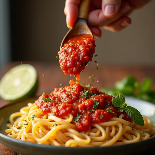 Prompt: Show sprinkle pasta sauce being added to the pen with a stir to combine style appetizing and source