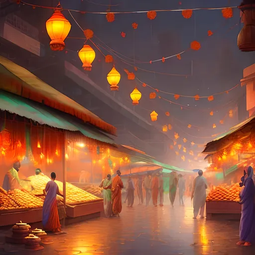 Prompt: A digital painting of a Diwali scene like a bustling market or a lantern-lit street.