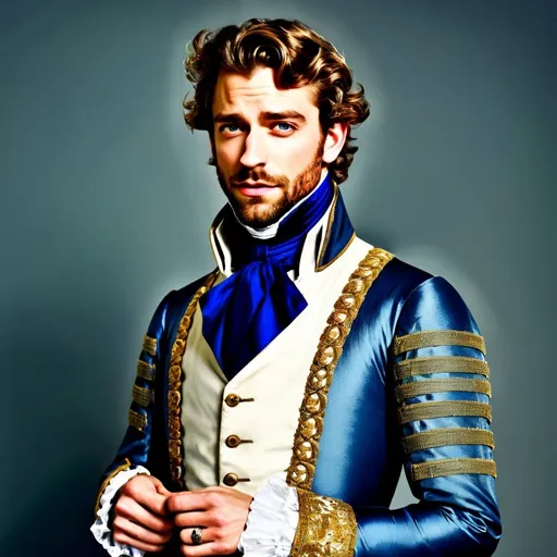 Prompt: <mymodel>Handsome English lord in Regency-era attire, rich blue tones, detailed silk fabric, classic regal look, high-quality rendering, realistic historical style, formal and elegant posture, intricate embroidery, aristocratic setting, refined gentleman, atmospheric lighting, detailed facial features, sophisticated charm, regal ambiance, aristocratic fashion, royal blue, meticulous detailing, hyperrealistic face, 