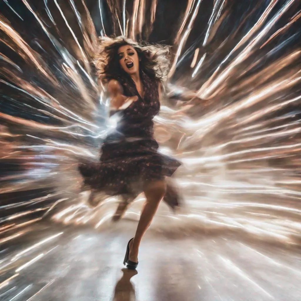 Prompt: young 50's female singer in motion, captured with long exposure photography Nikon D850 DSLR camera f/4. ISO 200