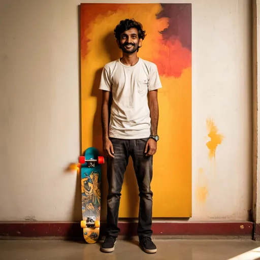 Prompt: a man standing in front of a wall with a painting on it's side and a skateboard in the background, Bikash Bhattacharjee, samikshavad, jayison devadas, a picture