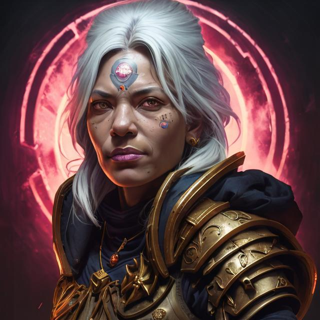 Prompt: Portrait of female Psyker. Gray hair. Tan skin. subtle face tattoos. warhammer 40k setting. Shaded lighting. by Ilya Kuvshinov, Rob Rey, Giuseppe Dangelico Pino. Cinematic. Dark Lighting. Rule of Thirds. Imposing, casting, heroic, detailed, realistic, 8k, photorealistic