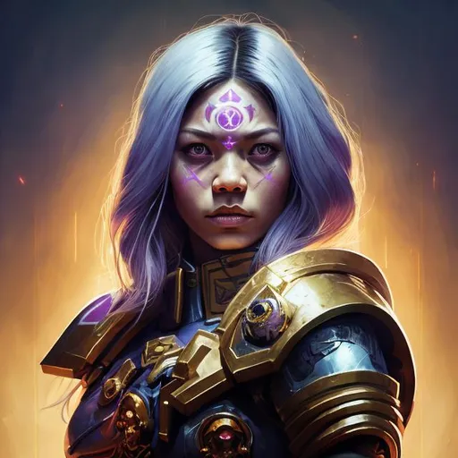 Prompt: Portrait of female Psyker. White shoulder length hair. Tan skin. Filipino. geometric eye tattoos. warhammer 40k setting. Shaded lighting. by Ilya Kuvshinov, Rob Rey, Giuseppe Dangelico Pino. Cinematic. Dark Lighting. Rule of Thirds. Imposing, casting, heroic, detailed, realistic, 8k, photorealistic