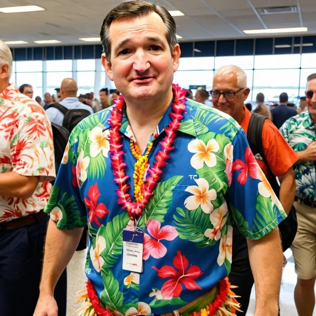 Prompt: Ted Cruz dressed in Hawaiian clothes at airport 
