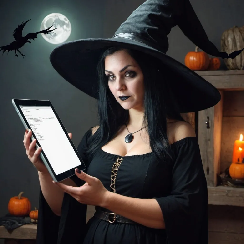 Prompt: a witch with an iPad 