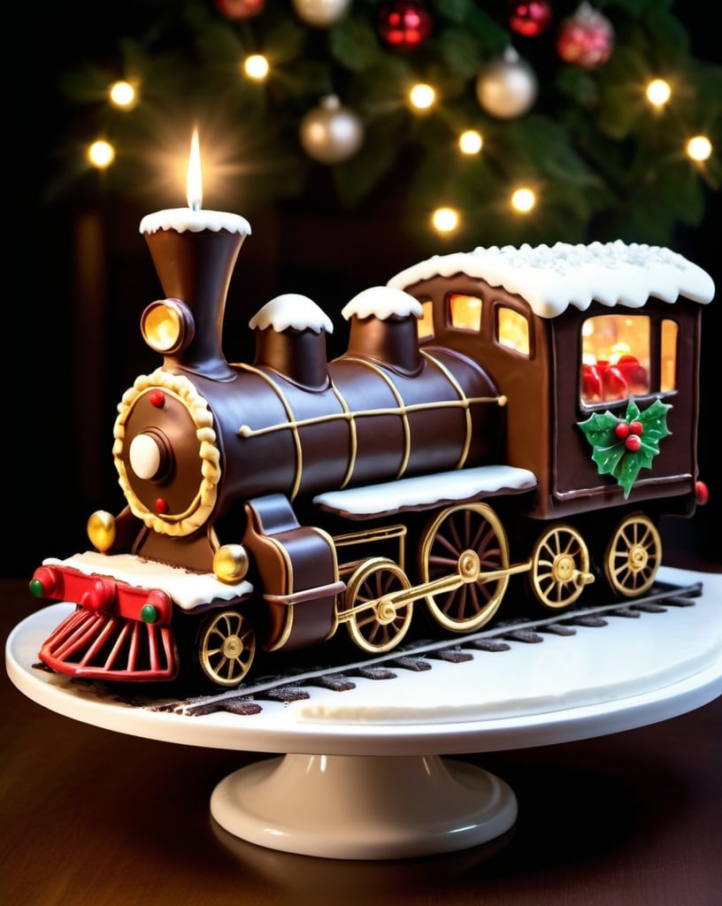 Prompt: a Beautiful Stunning train shaped Christmas cake, a slice of cake cut out. hyperdetailed, realistic, photo quality, awesome, awe inspiring, cinematic, delicious , sumptuous, icing, frosting, perfect cake; meticulously composed  :  fairy lights, candles, professional photography, beautifully lit,  volumetric lighting, DSLR HDR Nikon D750 sharp focus, depth of field, maximalist, fine art photo, hyperdetailed intricate, luxurious decadent variety of chocolates, deep rich colors 8k 3D