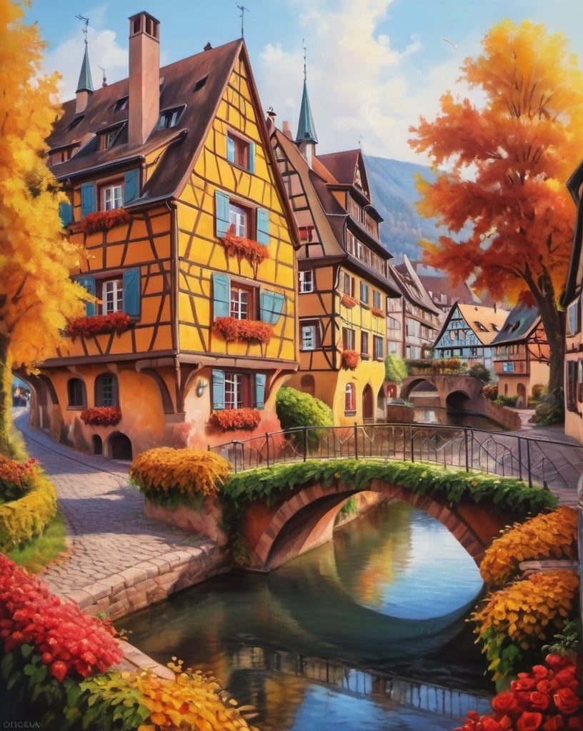 Prompt: oil paiting, hiperdetailed, autumn time, gorgeous beautiful alsacient VILLAGE COLMAR, a wonderful a river running through the village, bridges, ivy and berries, roses , fantasy concept 