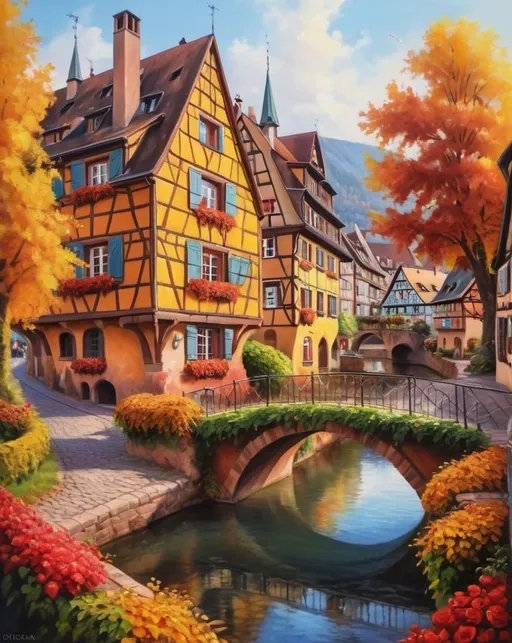 Prompt: oil paiting, hiperdetailed, autumn time, gorgeous beautiful alsacient VILLAGE COLMAR, a wonderful a river running through the village, bridges, ivy and berries, roses , fantasy concept 