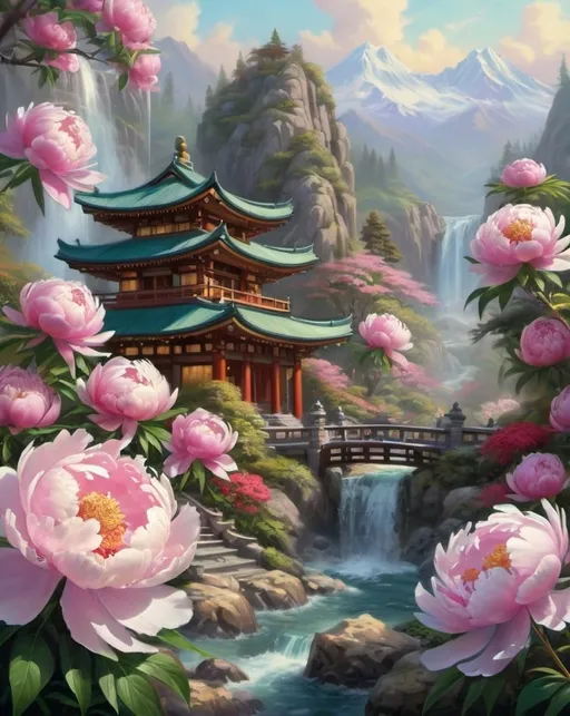 Prompt: oil painting, super resolution, full, HD, GORGEOUS peonies, lush EPIC AMAZING japonese temple, moutains and waterfalls, fantasy concept style thomas kinkade