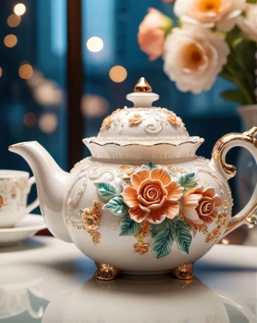 Prompt: portrait of a amazing porcelain flowery teapot craved flowers. shiny glittering ornaments. gorgeous decoration, window at backgrounds. hyperdetailed, photography, bokeh, masterpiece