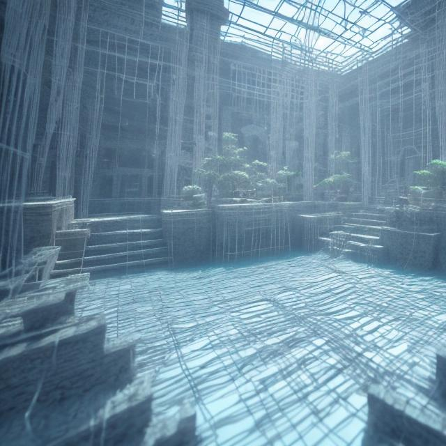 Prompt: wireframe water flowing temple
