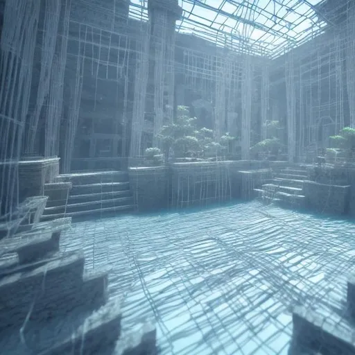 Prompt: wireframe water flowing temple
