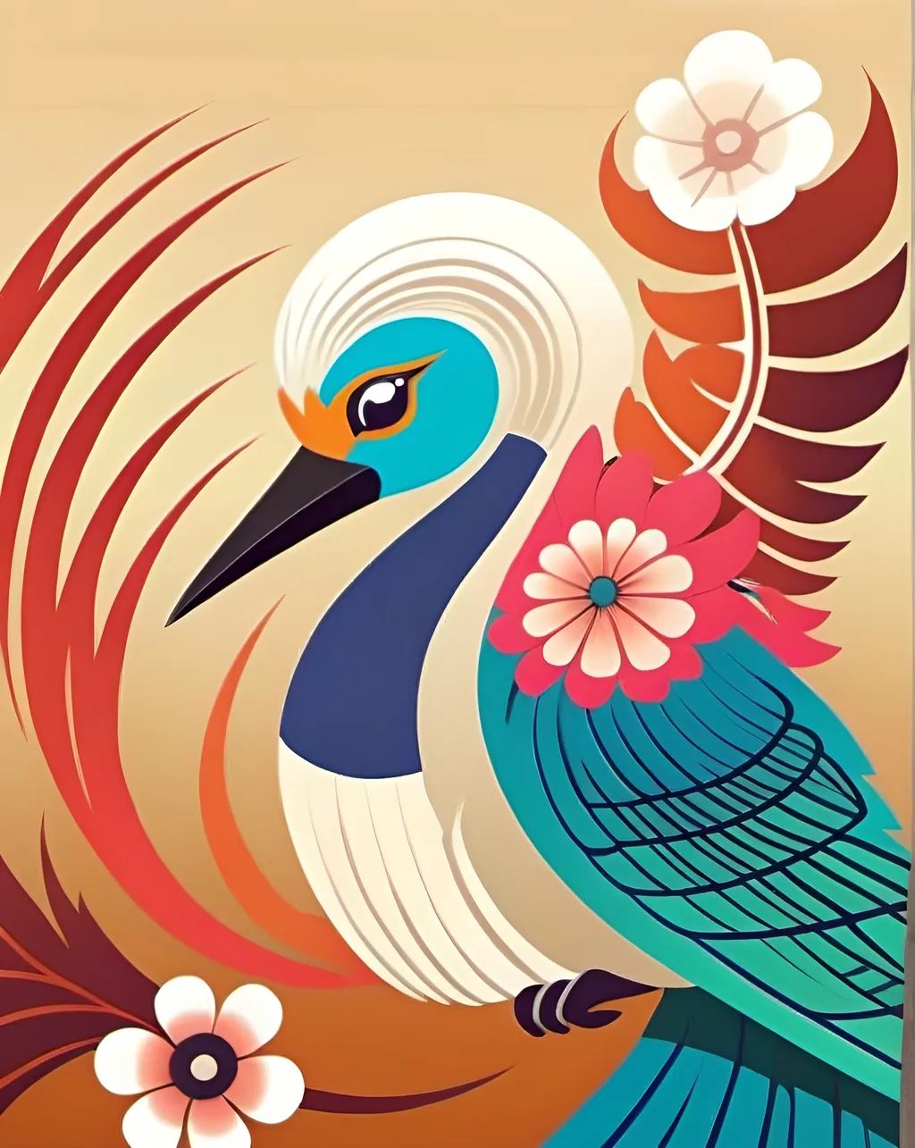 Prompt: A digital artwork of an exotic bird with intricate feather details, set in a serene landscape with stylized floral elements and soft, warm lighting.