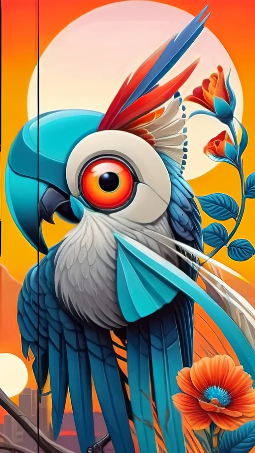 Prompt: a bird with a flower and leaves on its tail and a sunset in the background with a bird on the branch, Android Jones, generative art, tristan eaton, an art deco painting