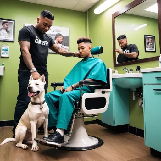 Prompt: yung shilidon with skibidi toilet and dog getting haircut in barber chair