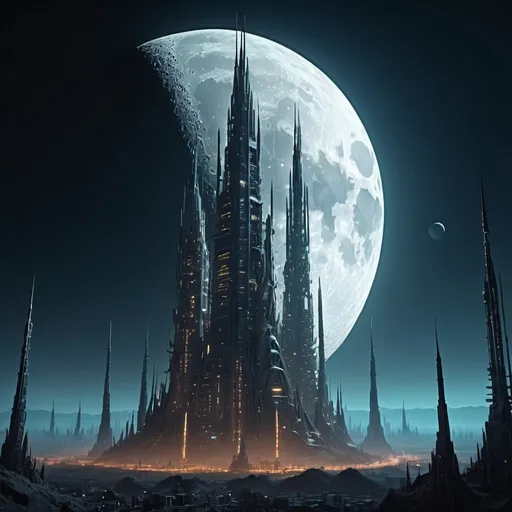 Prompt: oblong moon floating like a cast off corpse, hive teaming with high tech futuristic spires, 4k, ultra-detailed, high resolution, professional, tall view, futuristic, moonlight glow, cyberpunk, eerie atmosphere, detailed structures, advanced technology, atmospheric lighting