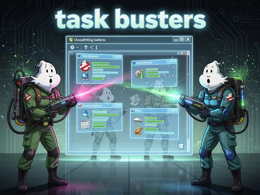 Prompt: Create an image with text "task busters" (windows task manager) that look like ghost busters

