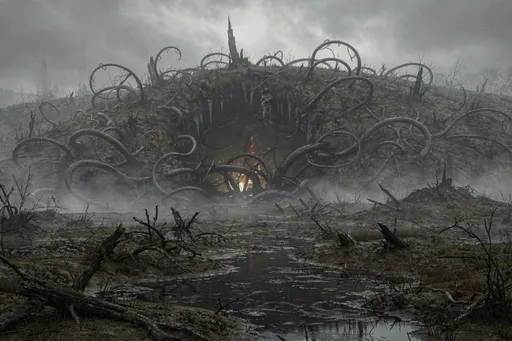 Prompt: A foggy swamp under a grey sky. Muddy watered ground with dark puddles and scattered dead branches. In the center a giant burrow from which emerge dark vines. In a dark fantasy atmosphere.