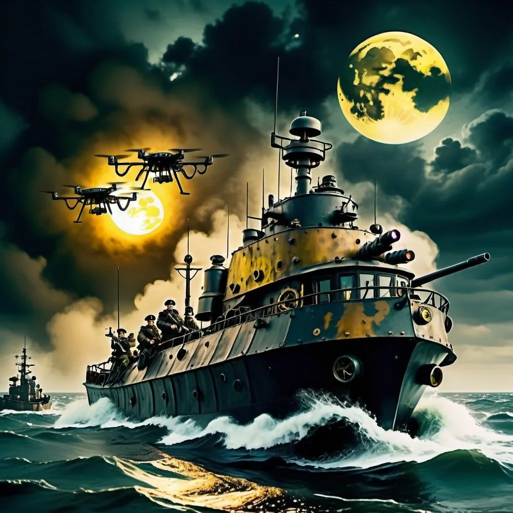 Prompt: Ukrainian soldiers flying stand-up open air drones high above sea, rough nighttime sea with steampunk, dystopian atmosphere, yellowish full moon through thick clouds, chaotic blazing machine guns and tracer bullets, rough waters, dystopian, stand-up open air drones, Ukrainian soldiers, overlooking Russian ship in far lower distance, nighttime sea, steampunk, yellowish full moon, dystopian atmosphere, chaos, rough waters, blazing machine guns, tracer bullets, high quality, detailed, steampunk style, chaotic lighting