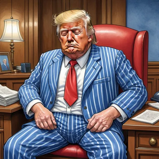 Prompt: Herbert Block style cartoon of Donald Trump sleeping in blue and white pinstripe pajamas and matching pajama hat, long red tie, courtroom setting, comedic, colorful, detailed facial features, high quality, vibrant colors, humorous, political satire, professional lighting