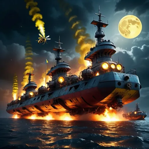 Prompt: Big fleet of small blueish metallic sea ships, hovering over night area, wasp-like vessels, Ukrainian flag, futuristic, steampunk, dystopian, cloudy yellow moonlight, sinking Russian ship on fire, burning Russian flag, highres, ultra-detailed, futuristic, steampunk, dystopian, cloudy moonlight, fiery wreckage, intense atmosphere, Ukrainian flag, red metallic fleet, wasp-like vessels, dramatic lighting