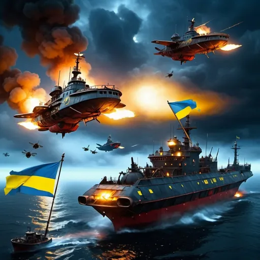 Prompt: Fleet of many small blueish metallic sea ships, hovering over night area, wasp-like vessels, Ukrainian flag, futuristic, steampunk, dystopian, cloudy yellow moonlight, sinking Russian ship on fire, burning Russian flag, highres, ultra-detailed, futuristic, steampunk, dystopian, cloudy moonlight, fiery wreckage, intense atmosphere, Ukrainian flag, red metallic fleet, wasp-like vessels, dramatic lighting